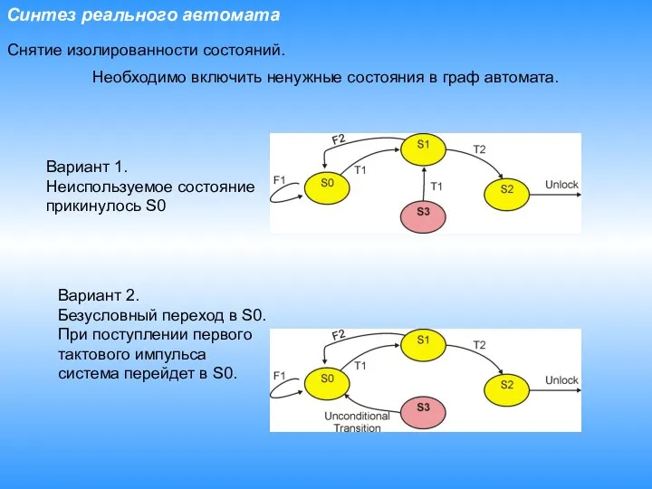 Синтез реального автомата Снятие изолированности состояний. Необходимо включить ненужные состояния в