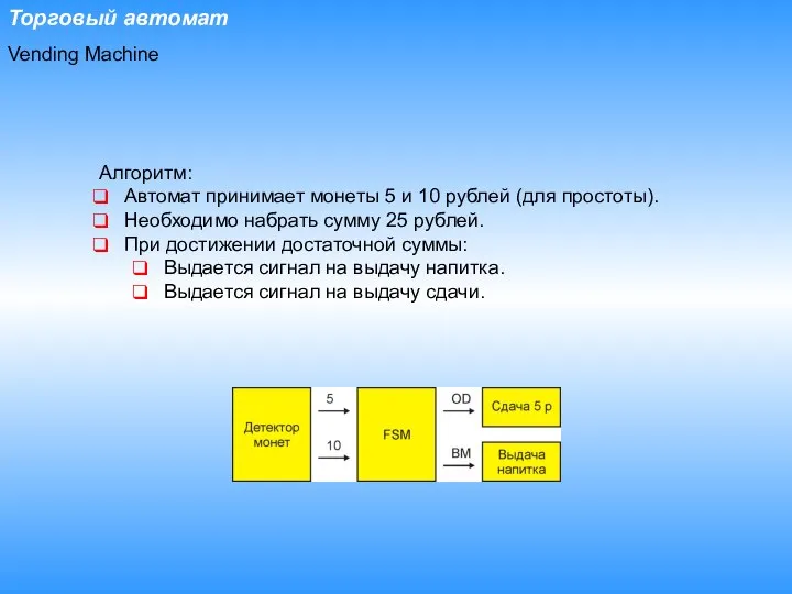 Торговый автомат Алгоритм: Автомат принимает монеты 5 и 10 рублей (для