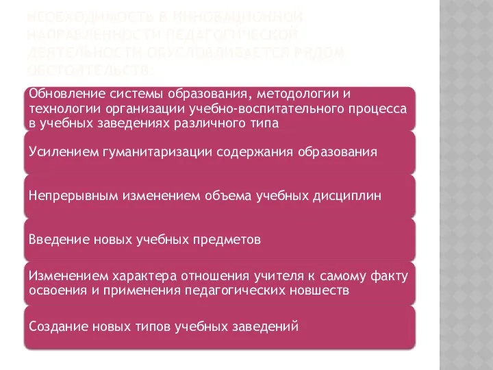 НЕОБХОДИМОСТЬ В ИННОВАЦИОННОЙ НАПРАВЛЕННОСТИ ПЕДАГОГИЧЕСКОЙ ДЕЯТЕЛЬНОСТИ ОБУСЛОВЛИВАЕТСЯ РЯДОМ ОБСТОЯТЕЛЬСТВ: