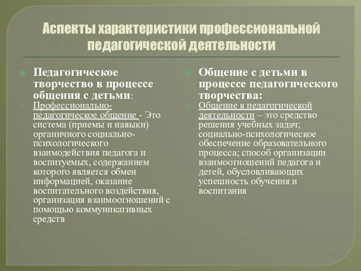 Аспекты характеристики профессиональной педагогической деятельности Педагогическое творчество в процессе общения с