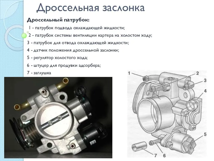 Дроссельная заслонка Дроссельный патрубок: 1 - патрубок подвода охлаждающей жидкости; 2