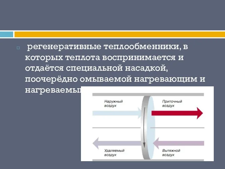 регенеративные теплообменники, в которых теплота воспринимается и отдаётся специальной насадкой, поочерёдно омываемой нагревающим и нагреваемым телами.