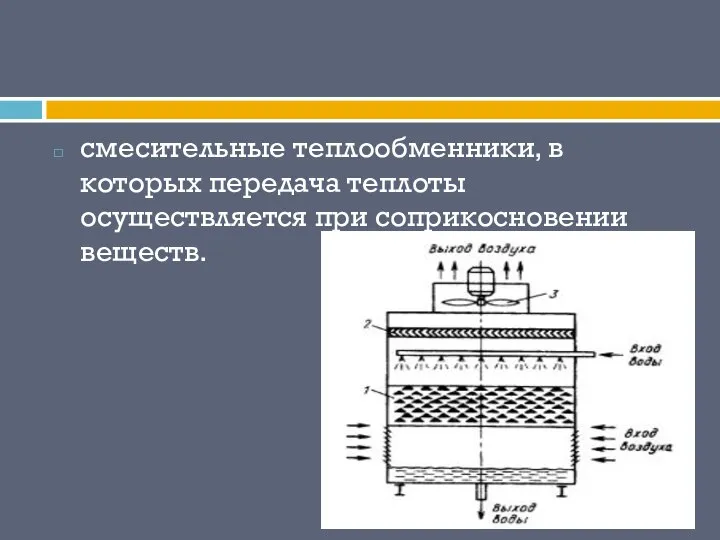 смесительные теплообменники, в которых передача теплоты осуществляется при соприкосновении веществ.