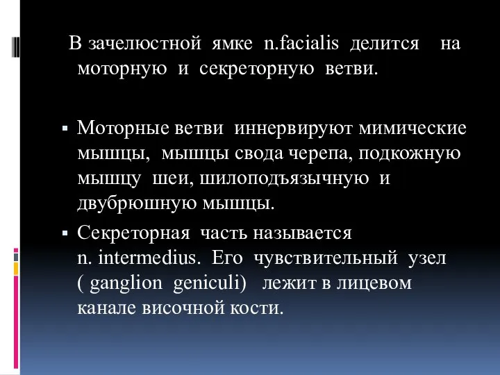 В зачелюстной ямке n.facialis делится на моторную и секреторную ветви. Моторные