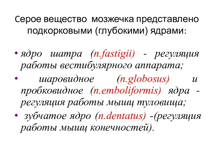 Cерое вещество мозжечка представлено подкорковыми (глубокими) ядрами: ядро шатра (n.fastigii) -