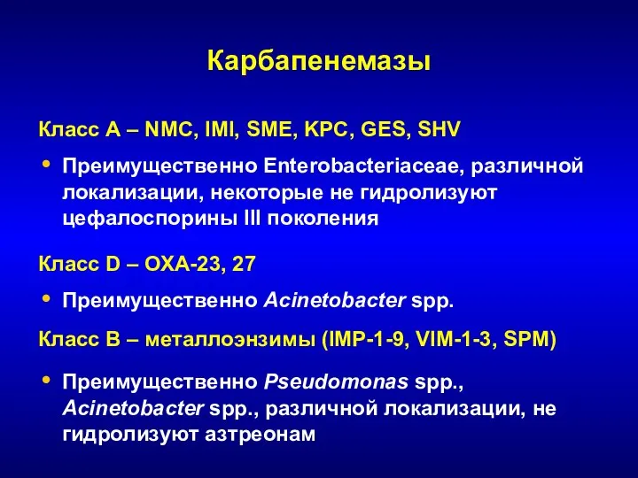 Карбапенемазы Класс А – NMC, IMI, SME, KPC, GES, SHV Преимущественно