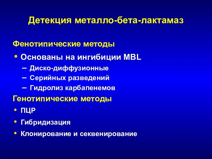 Детекция металло-бета-лактамаз Фенотипические методы Основаны на ингибиции MBL Диско-диффузионные Серийных разведений