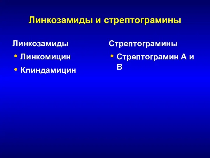 Линкозамиды и стрептограмины Линкозамиды Линкомицин Клиндамицин Стрептограмины Стрептограмин А и В