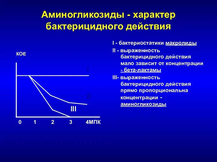 Аминогликозиды - характер бактерицидного действия I - бактериостатики макролиды II -