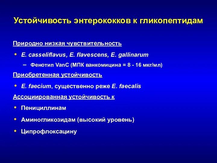 Устойчивость энтерококков к гликопептидам Природно низкая чувствительность E. casseliflavus, E. flavescens,