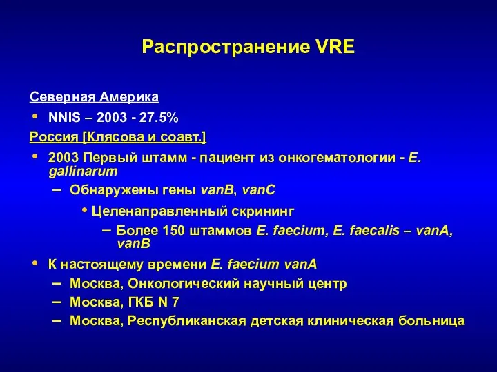 Распространение VRE Северная Америка NNIS – 2003 - 27.5% Россия [Клясова