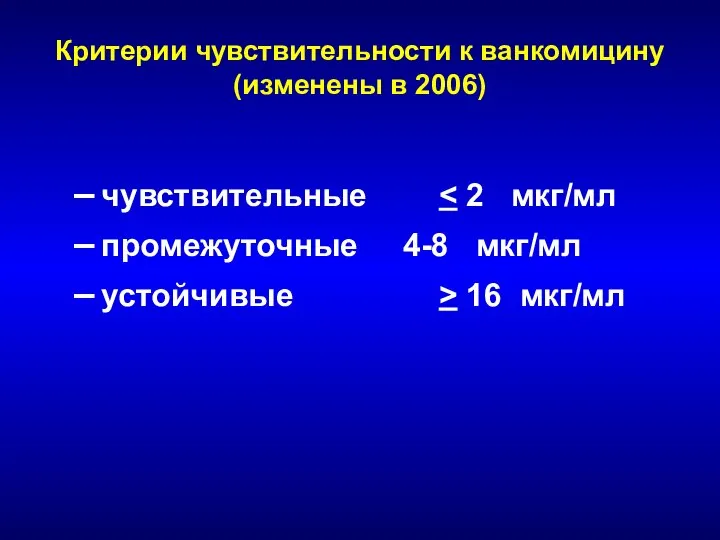 Критерии чувствительности к ванкомицину (изменены в 2006) чувствительные промежуточные 4-8 мкг/мл устойчивые > 16 мкг/мл