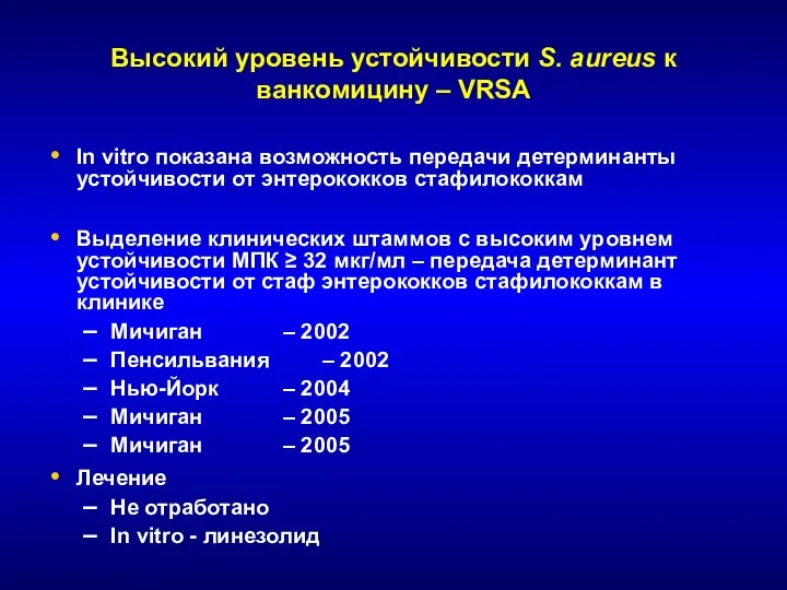 Высокий уровень устойчивости S. aureus к ванкомицину – VRSA In vitro