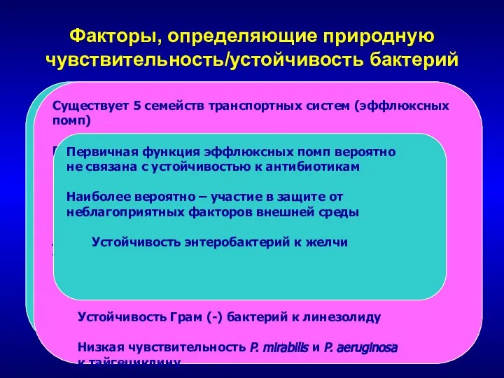 Факторы, определяющие природную чувствительность/устойчивость бактерий Аффинность мишеней к препаратам pbp5 энтерококков