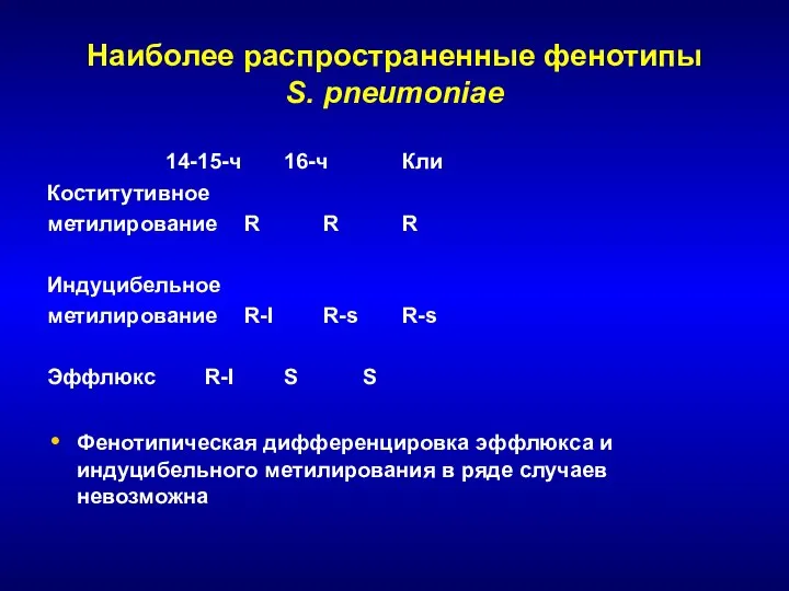 Наиболее распространенные фенотипы S. pneumoniae 14-15-ч 16-ч Кли Коститутивное метилирование R