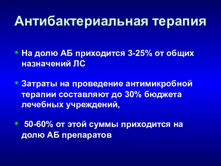 Антибактериальная терапия На долю АБ приходится 3-25% от общих назначений ЛС