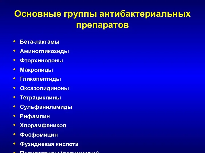 Основные группы антибактериальных препаратов Бета-лактамы Аминогликозиды Фторхинолоны Макролиды Гликопептиды Оксазолидиноны Тетрациклины