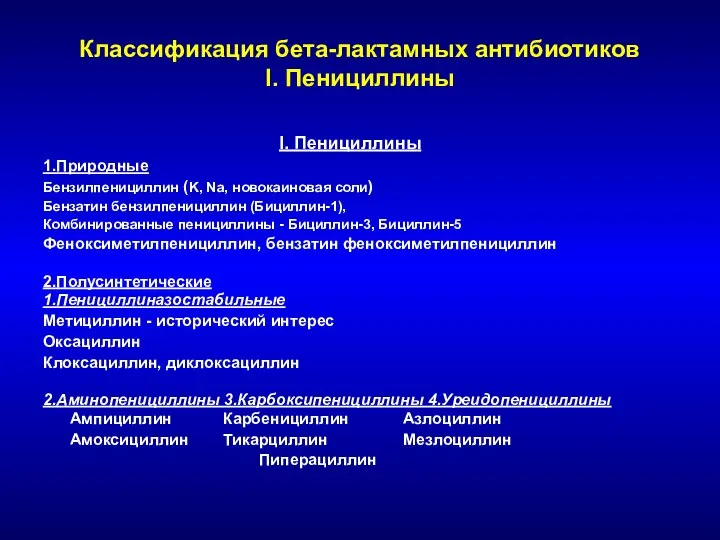 Классификация бета-лактамных антибиотиков I. Пенициллины I. Пенициллины 1.Природные Бензилпенициллин (K, Na,