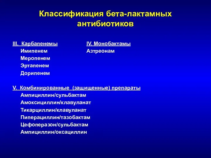 Классификация бета-лактамных антибиотиков III. Карбапенемы IV. Монобактамы Имипенем Азтреонам Меропенем Эртапенем