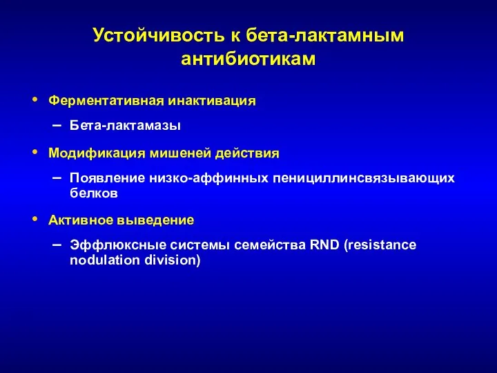 Устойчивость к бета-лактамным антибиотикам Ферментативная инактивация Бета-лактамазы Модификация мишеней действия Появление