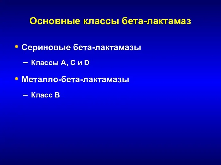 Основные классы бета-лактамаз Сериновые бета-лактамазы Классы А, С и D Металло-бета-лактамазы Класс В