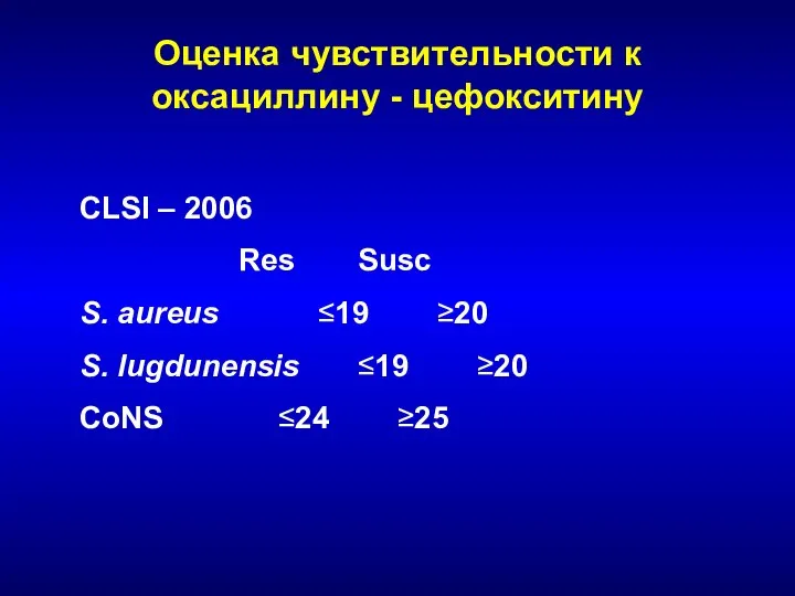 Оценка чувствительности к оксациллину - цефокситину CLSI – 2006 Res Susc