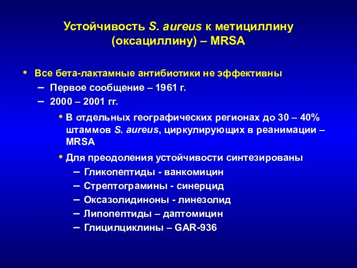 Устойчивость S. aureus к метициллину (оксациллину) – MRSA Все бета-лактамные антибиотики