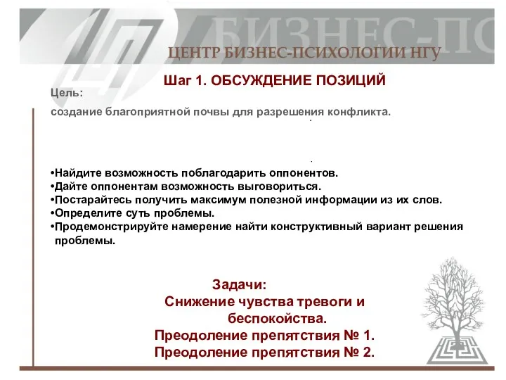 Шаг 1. ОБСУЖДЕНИЕ ПОЗИЦИЙ Цель: создание благоприятной почвы для разрешения конфликта.