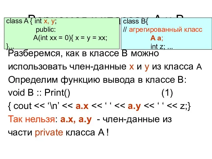 Вернемся к классам A и B Разберемся, как в классе B