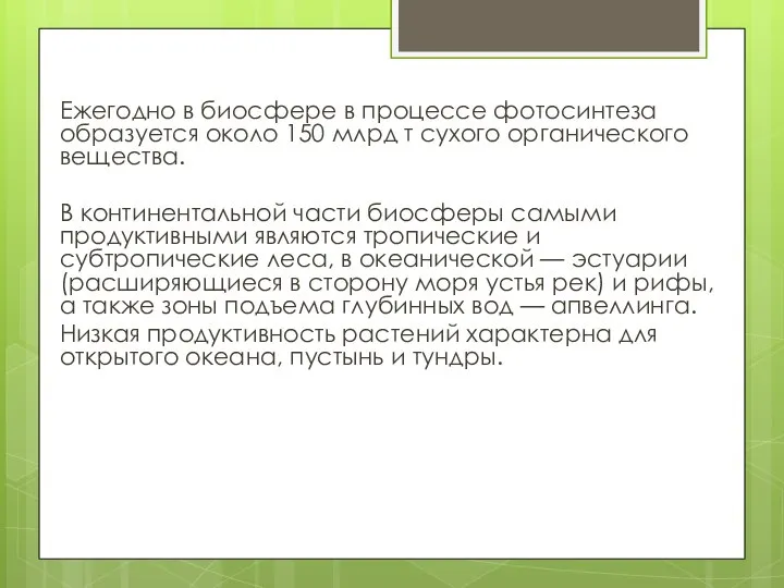 Ежегодно в биосфере в процессе фотосинтеза образуется около 150 млрд т