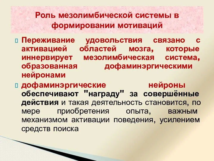 Переживание удовольствия связано с активацией областей мозга, которые иннервирует мезолимбическая система,