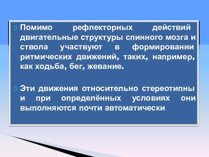 Помимо рефлекторных действий двигательные структуры спинного мозга и ствола участвуют в