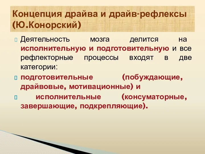 Деятельность мозга делится на исполнительную и подготовительную и все рефлекторные процессы