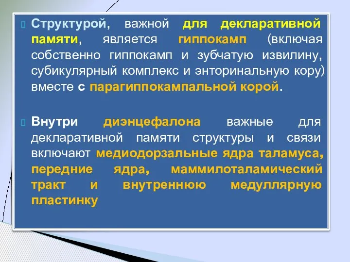 Структурой, важной для декларативной памяти, является гиппокамп (включая собственно гиппокамп и