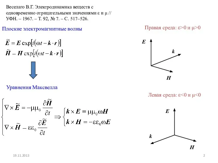 19.11.2013 Плоские электромагнитные волны Уравнения Максвелла Правая среда: ε>0 и μ>0
