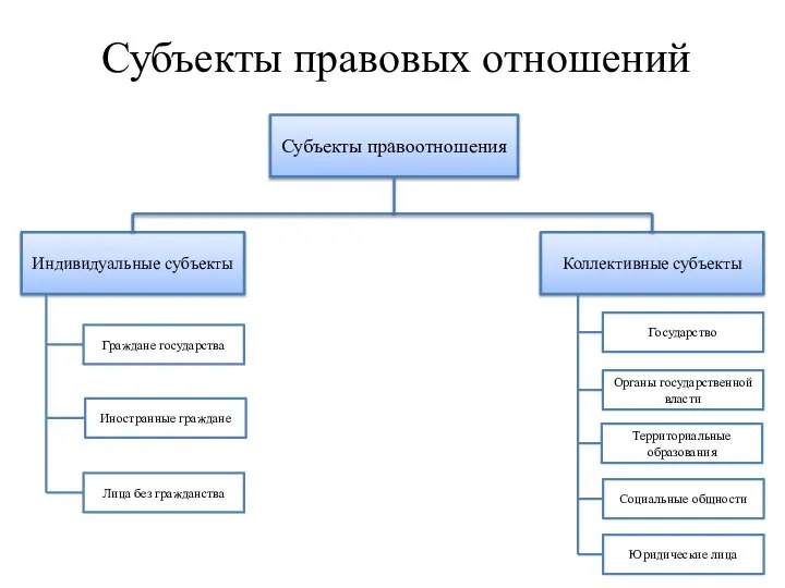 Субъекты правовых отношений Субъекты правоотношения Индивидуальные субъекты Коллективные субъекты Граждане государства