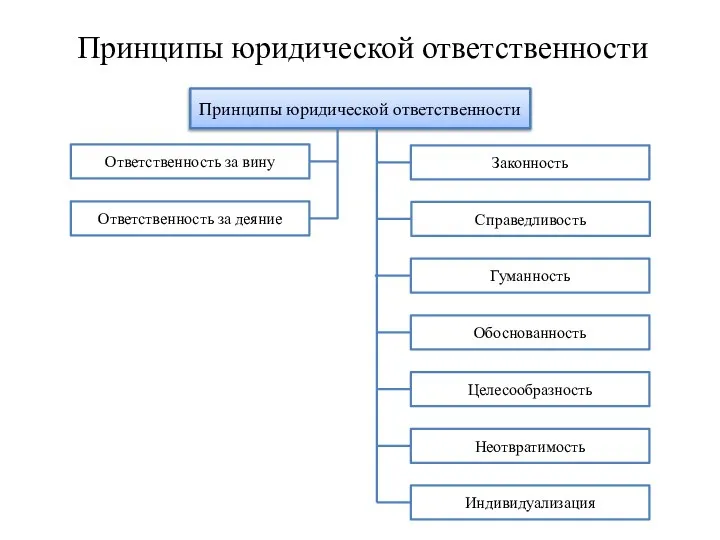 Принципы юридической ответственности Принципы юридической ответственности Законность Справедливость Гуманность Обоснованность Целесообразность