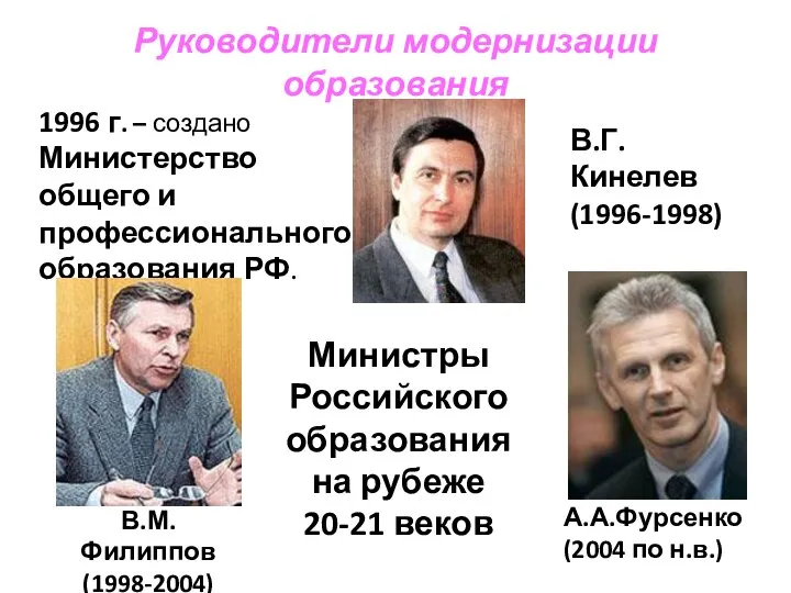 Руководители модернизации образования 1996 г. – создано Министерство общего и профессионального