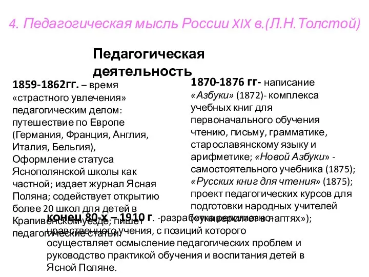 4. Педагогическая мысль России XIX в.(Л.Н.Толстой) Педагогическая деятельность 1859-1862гг. – время