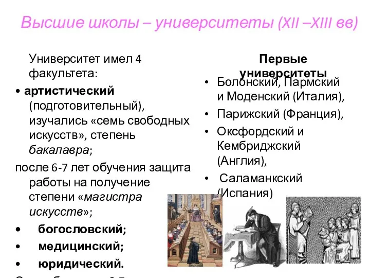 Высшие школы – университеты (XII –XIII вв) Первые университеты Университет имел