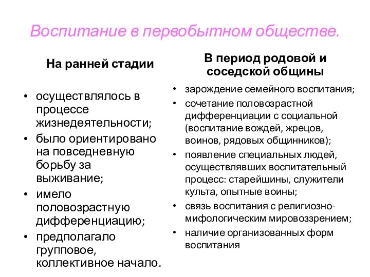 Воспитание в первобытном обществе. На ранней стадии осуществлялось в процессе жизнедеятельности;