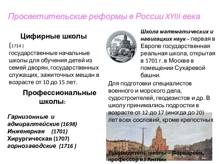 Просветительские реформы в России XYIII века Цифирные школы (1714 ) государственные