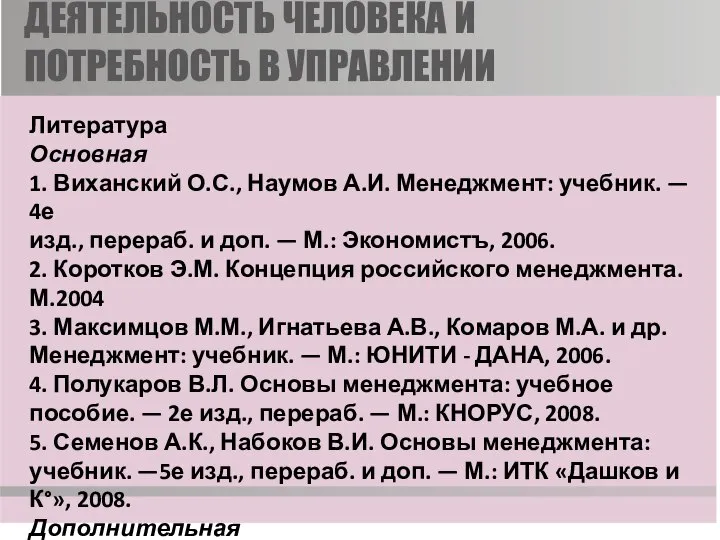 Литература Основная 1. Виханский О.С., Наумов А.И. Менеджмент: учебник. — 4е