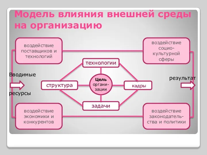 Модель влияния внешней среды на организацию Цель органи- зации технологии кадры