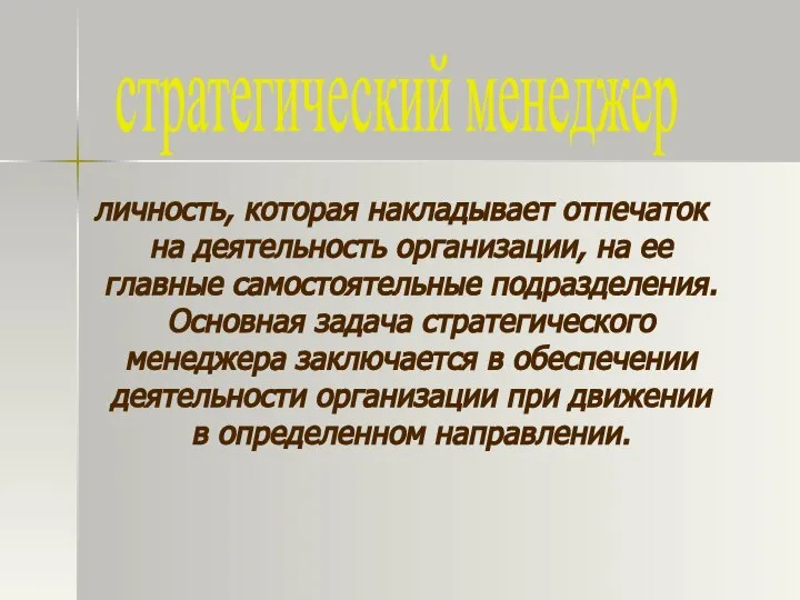 личность, которая накладывает отпечаток на деятельность организации, на ее главные самостоятельные