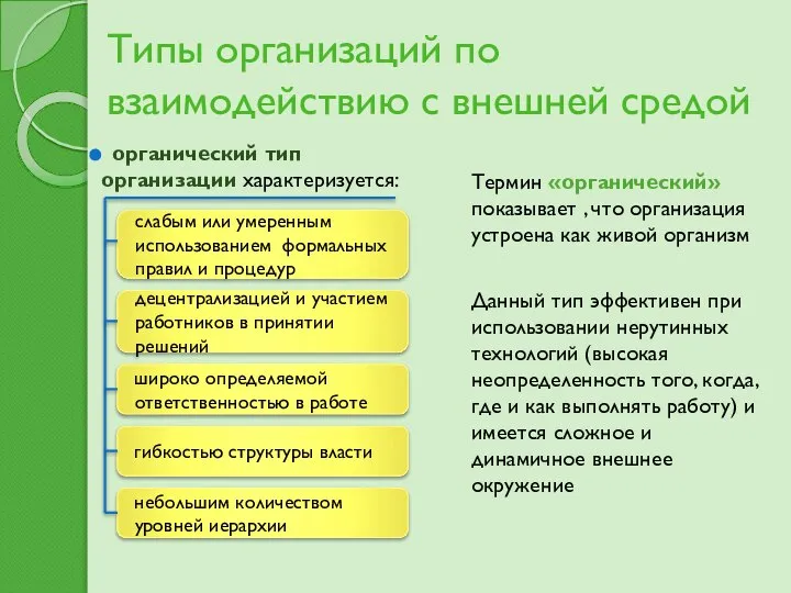 Типы организаций по взаимодействию с внешней средой Термин «органический» показывает ,