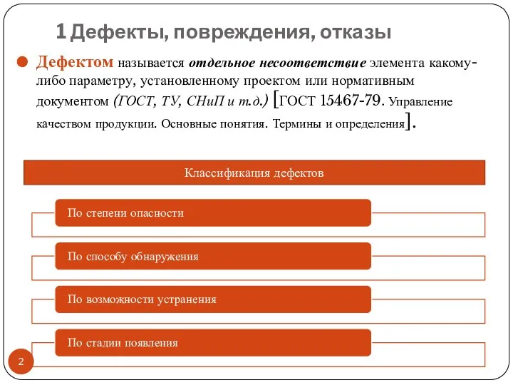 1 Дефекты, повреждения, отказы Дефектом называется отдельное несоответствие элемента какому-либо параметру,