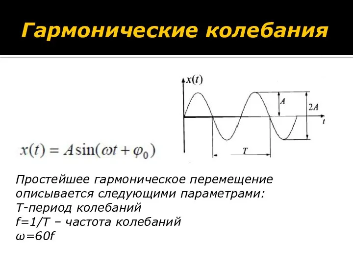 Гармонические колебания Простейшее гармоническое перемещение описывается следующими параметрами: Т-период колебаний f=1/Т – частота колебаний ω=60f