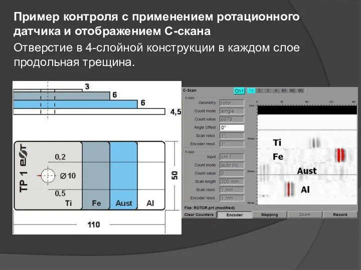 Пример контроля с применением ротационного датчика и отображением С-скана Отверстие в