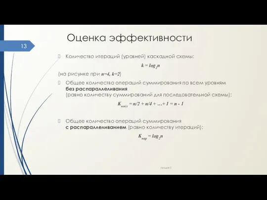 Оценка эффективности Количество итераций (уровней) каскадной схемы: k = log2n (на